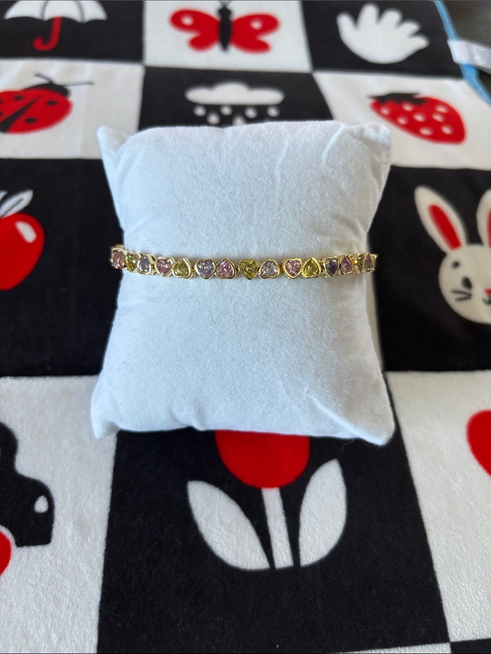 Gold Tone Heart Gemstone Bracelet - Multicolor Hearts